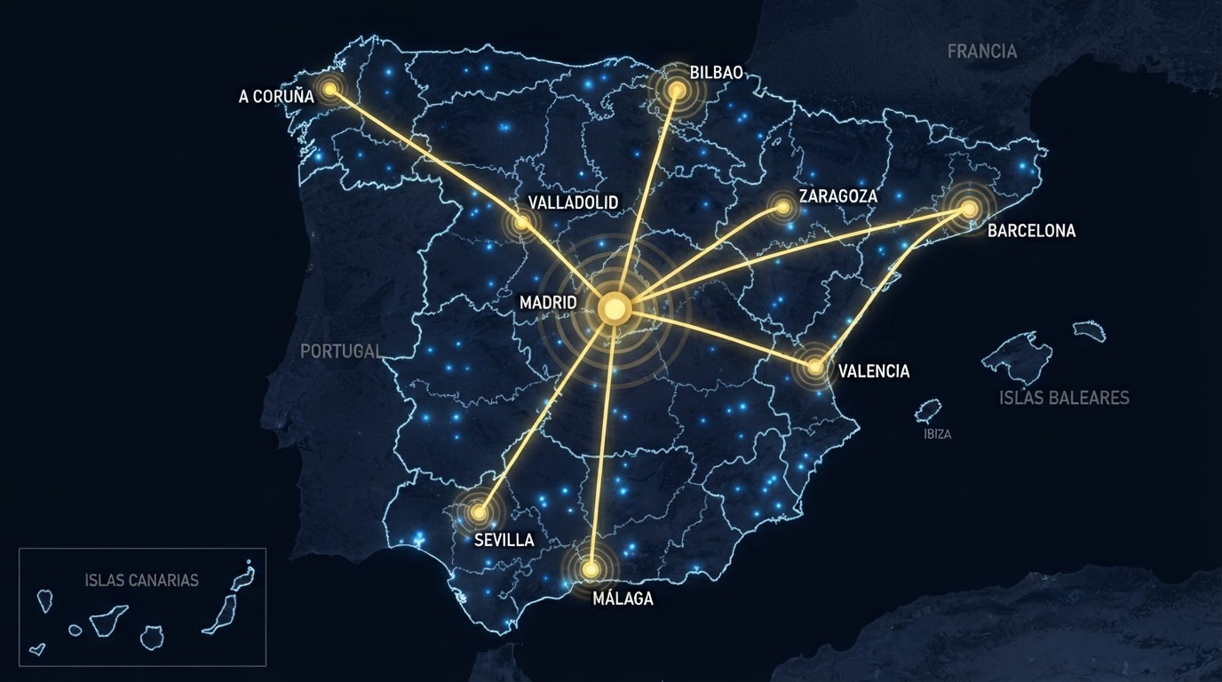 Mapa de España con rutas operativas y cobertura
